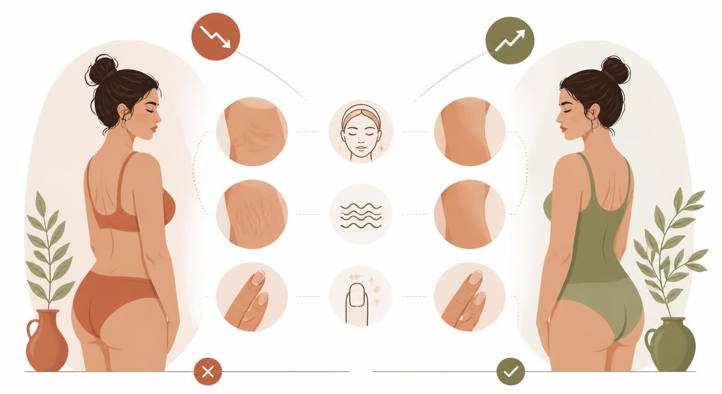 Infographie comparant les effets sur la peau et les cheveux d'une perte de poids rapide versus une perte progressive