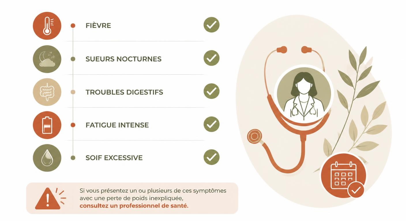 Infographie des signaux d'alerte d'une perte de poids involontaire nécessitant une consultation