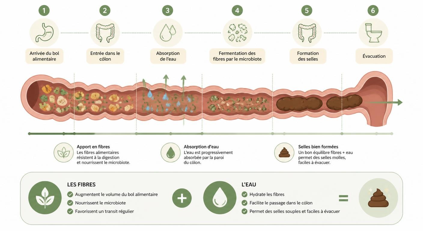 Schéma du transit intestinal et rôle des fibres et de l'eau