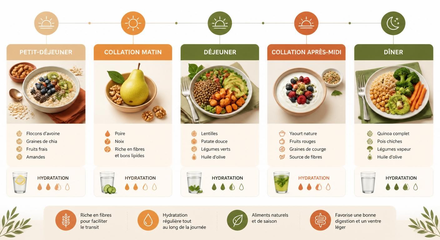 Menu type d'une journée anti-constipation, du petit-déjeuner au dîner