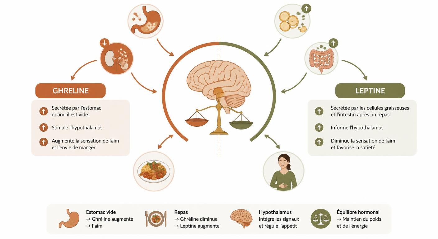 Infographie expliquant le rôle des hormones ghréline et leptine dans la faim et la satiété