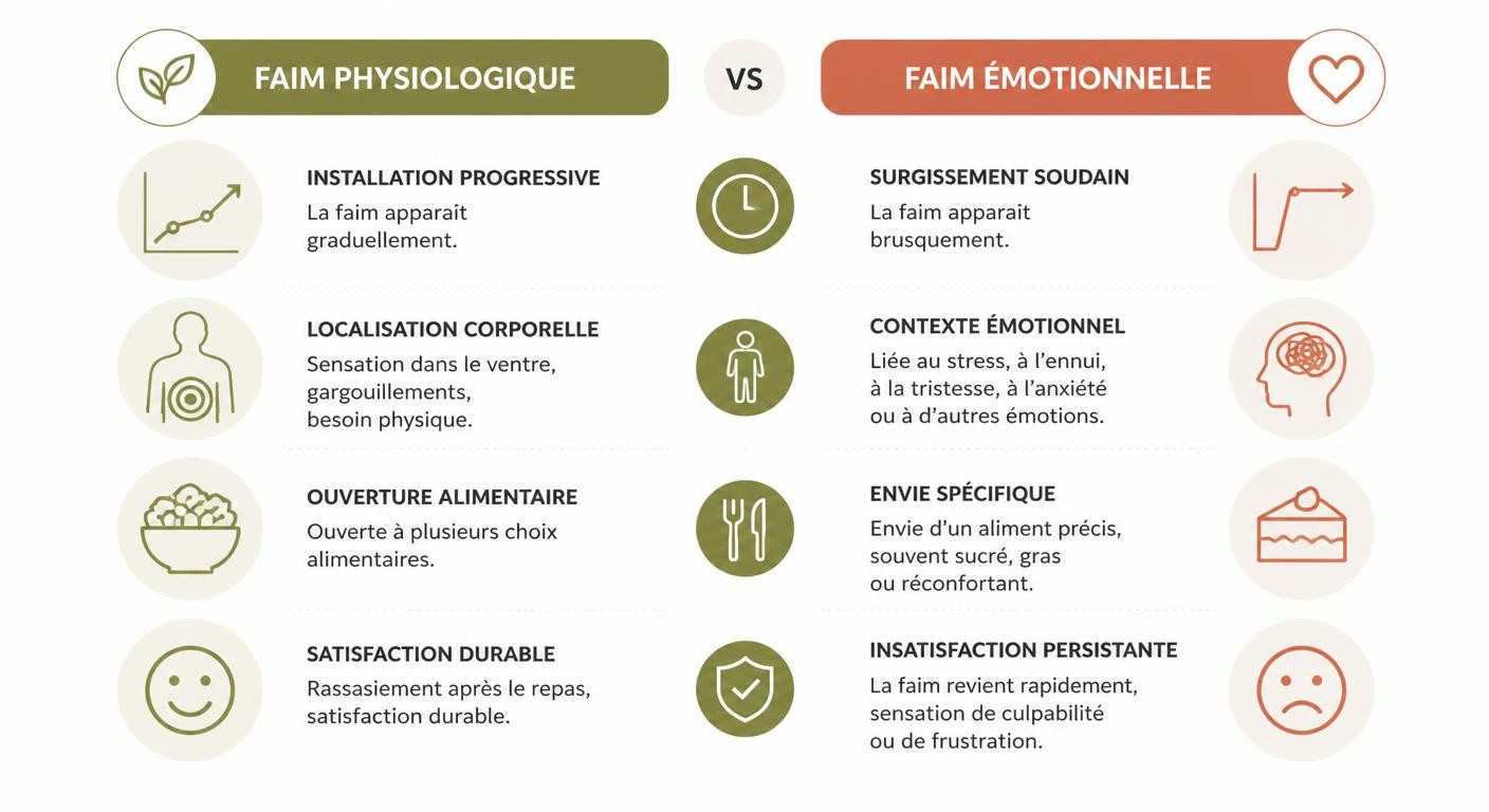 Infographie comparant la faim physiologique et la faim émotionnelle