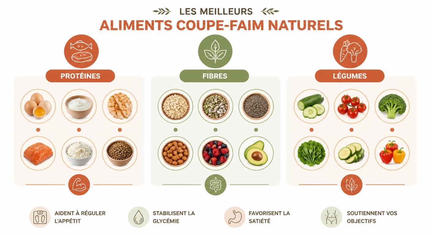 Infographie des meilleurs aliments coupe-faim naturels classés par catégorie
