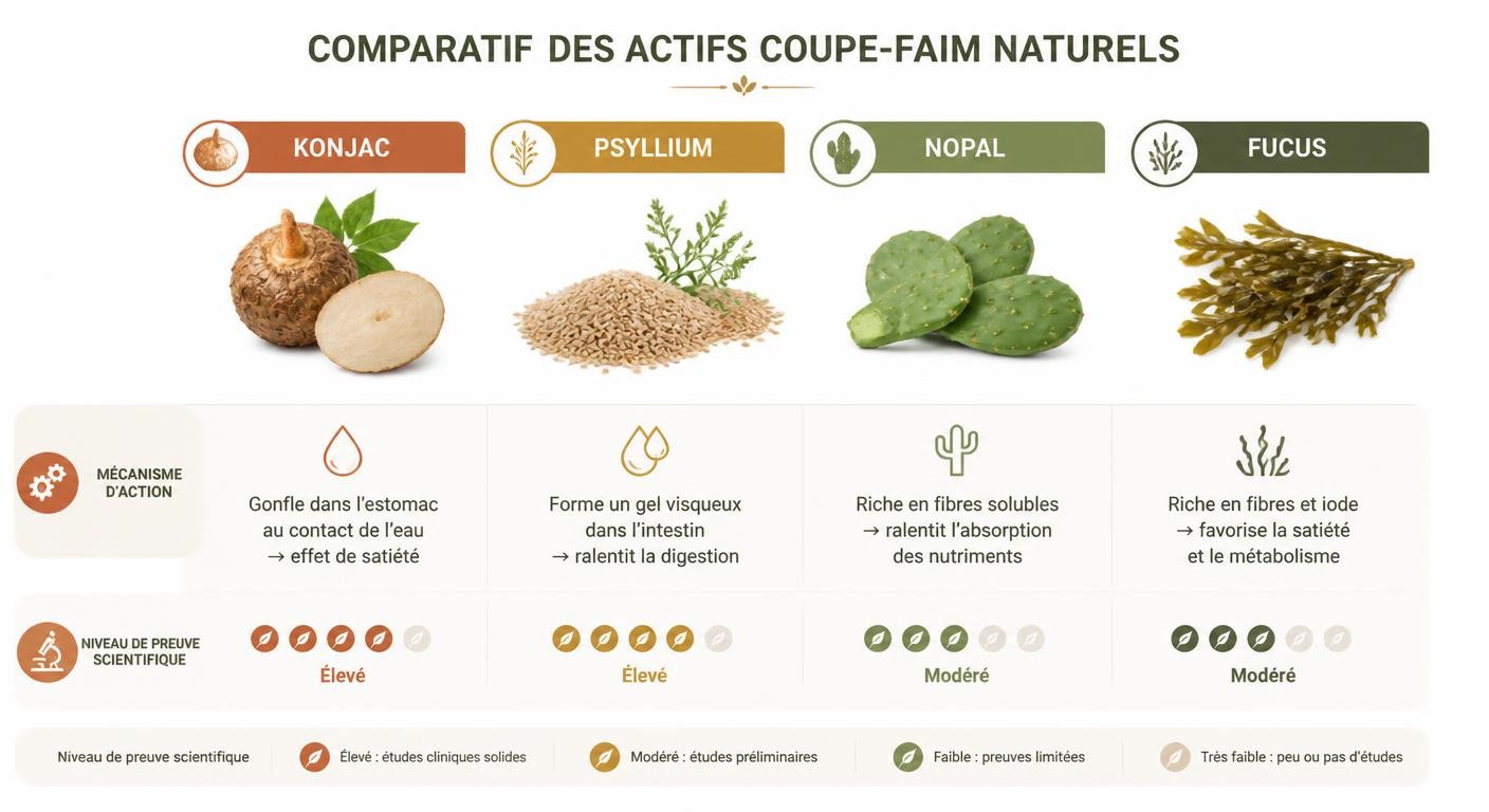 Infographie comparant les actifs coupe-faim naturels konjac, psyllium, nopal et fucus