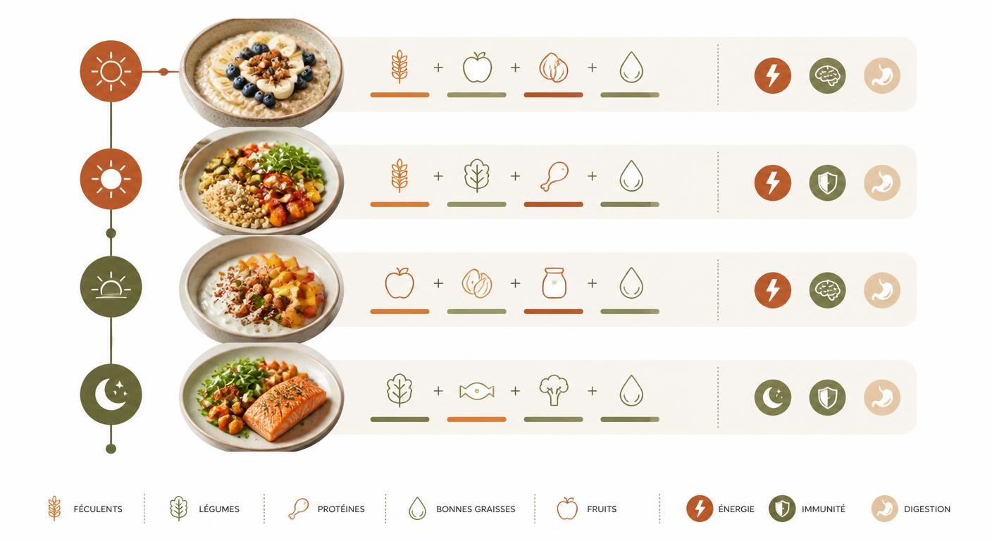 Infographie d'une journée type de repas rassasiants pour une satiété durable
