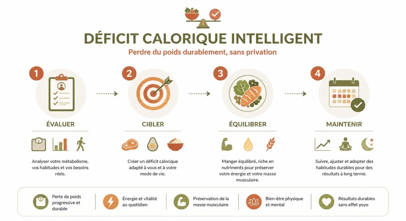 Infographie du déficit calorique intelligent pour une perte de poids durable