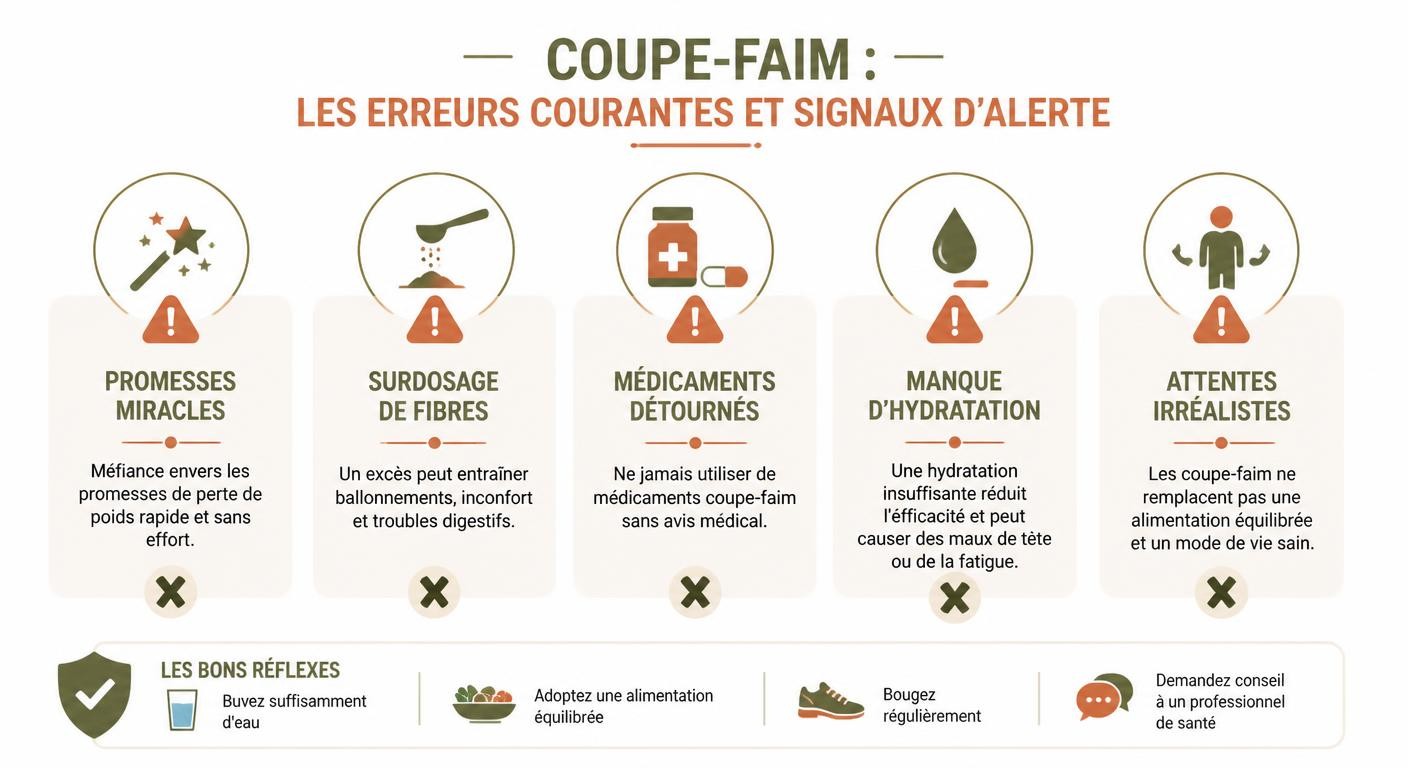 Infographie des erreurs à éviter et signaux d'alerte avec les coupe-faim