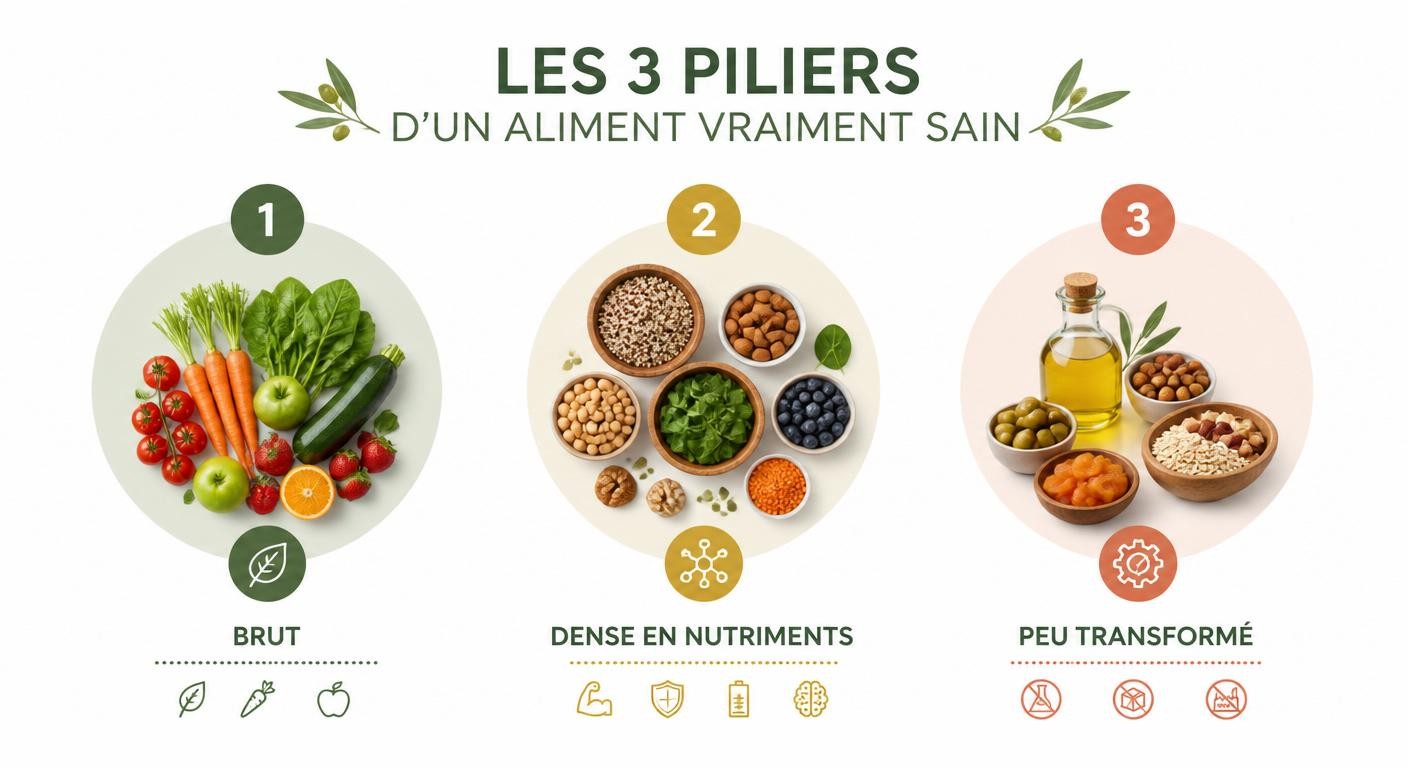 Infographie des trois critères d'un aliment vraiment sain : brut, dense en nutriments, peu transformé