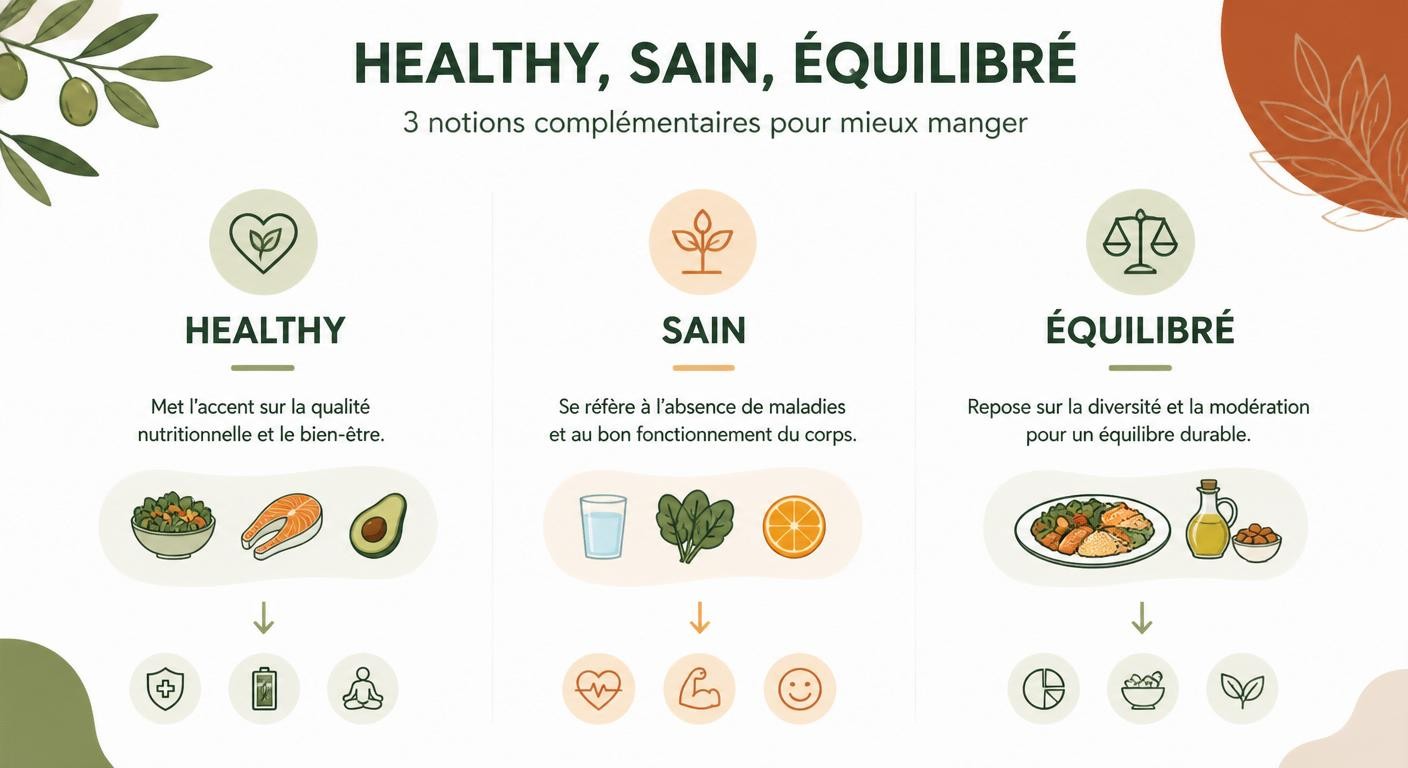Infographie expliquant la différence entre les mots healthy, sain et équilibré