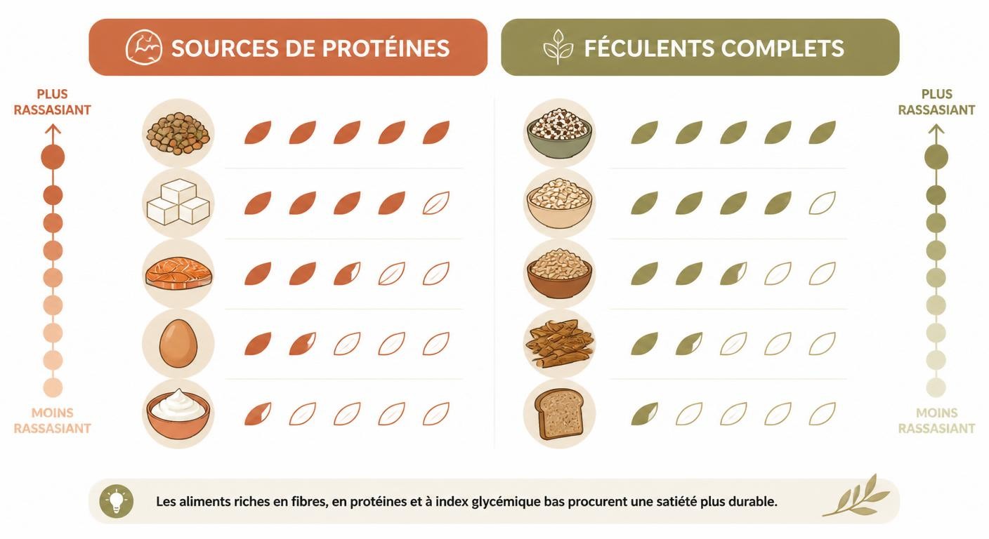 Infographie sur le pouvoir rassasiant des protéines et féculents complets