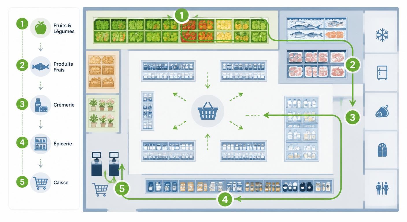 Infographie d'un parcours de courses optimisé dans un supermarché