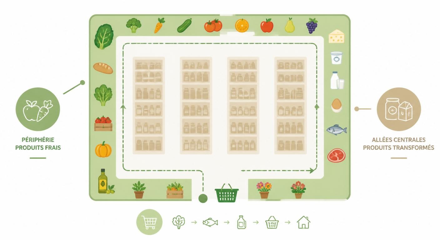 Infographie du trajet idéal en magasin : la périphérie avant le centre