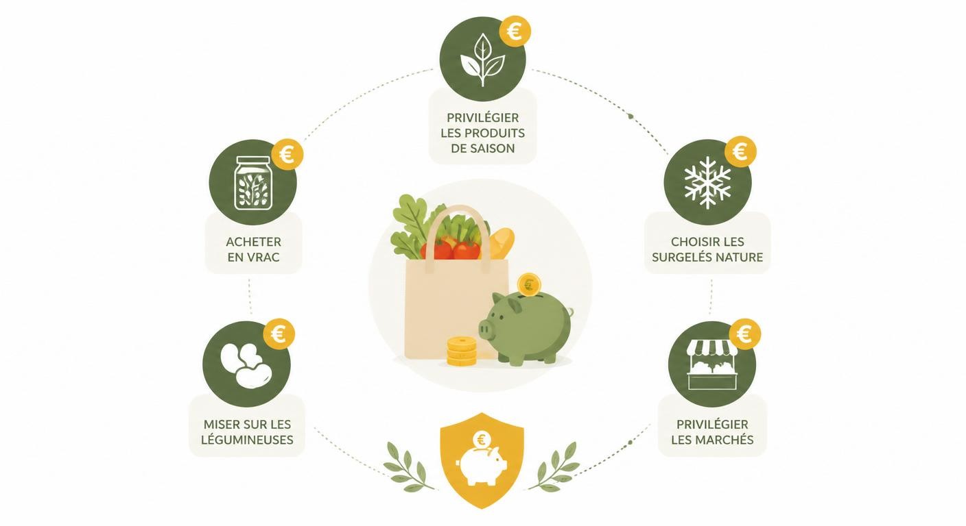 Infographie des leviers d'économie pour des courses saines