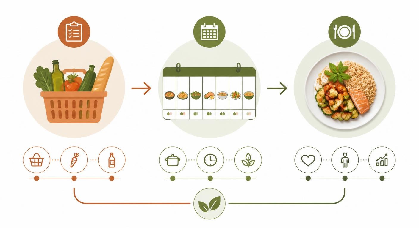 Infographie reliant la liste de courses au menu de la semaine