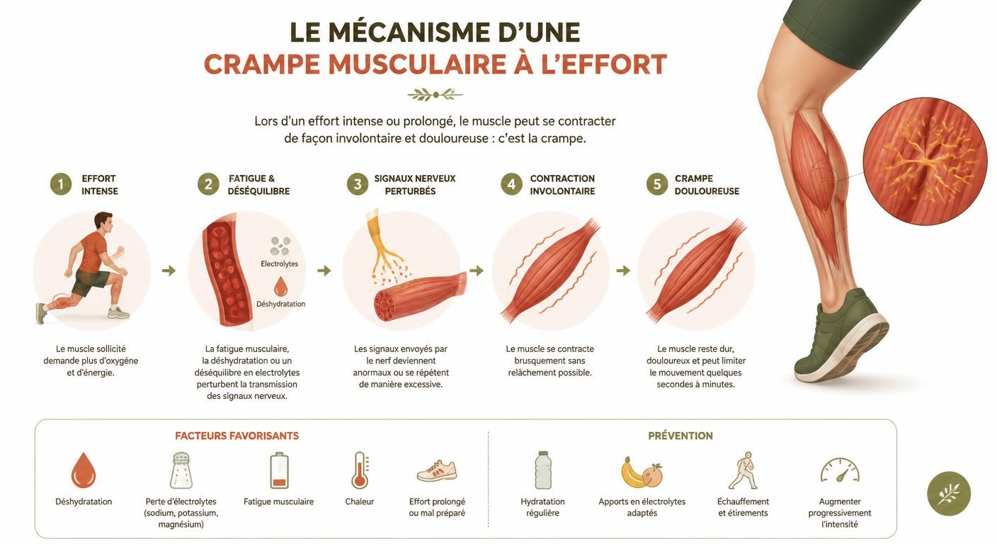 Infographie expliquant le mécanisme d'une crampe musculaire à l'effort
