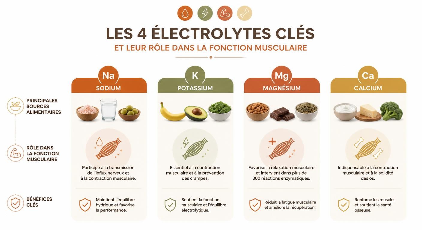 Infographie comparant les quatre électrolytes clés et leurs sources alimentaires