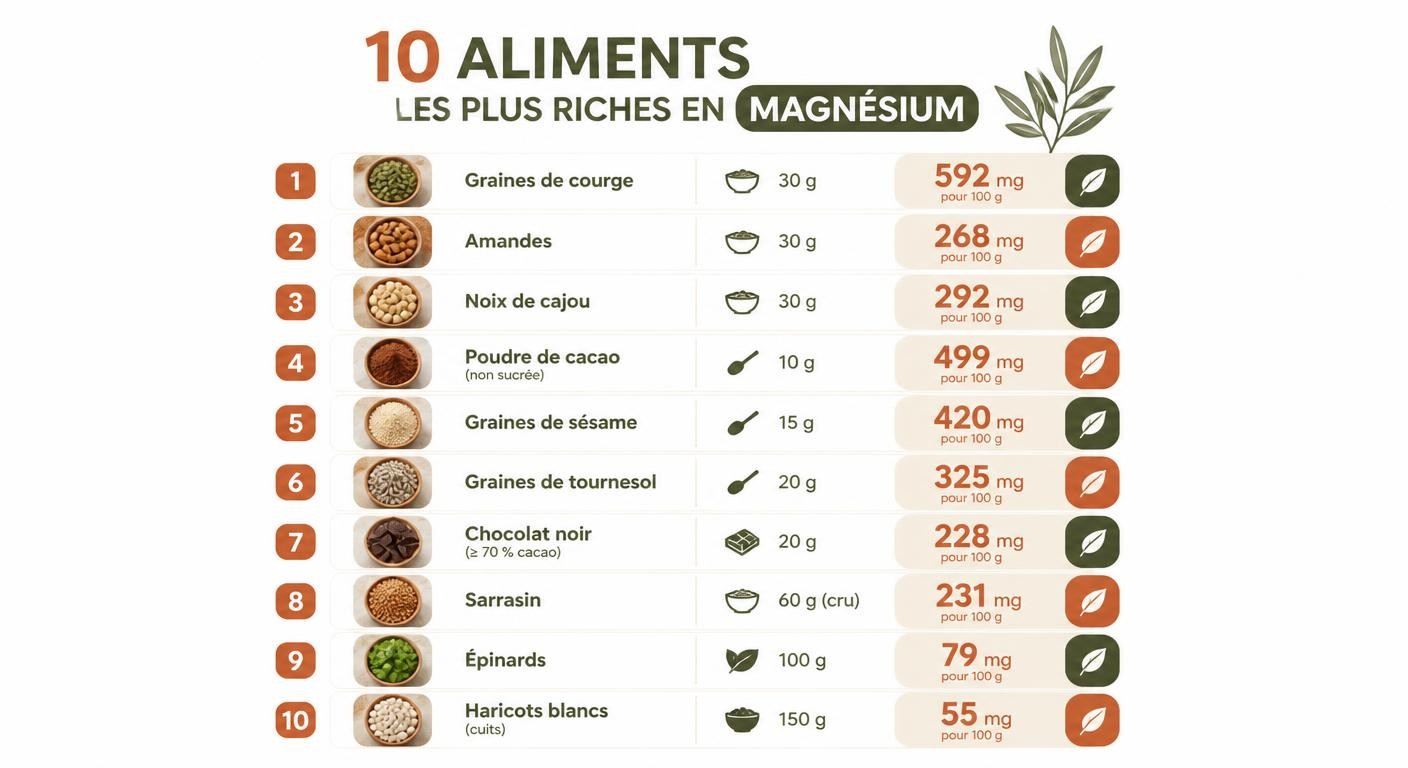 Infographie des dix aliments les plus riches en magnésium