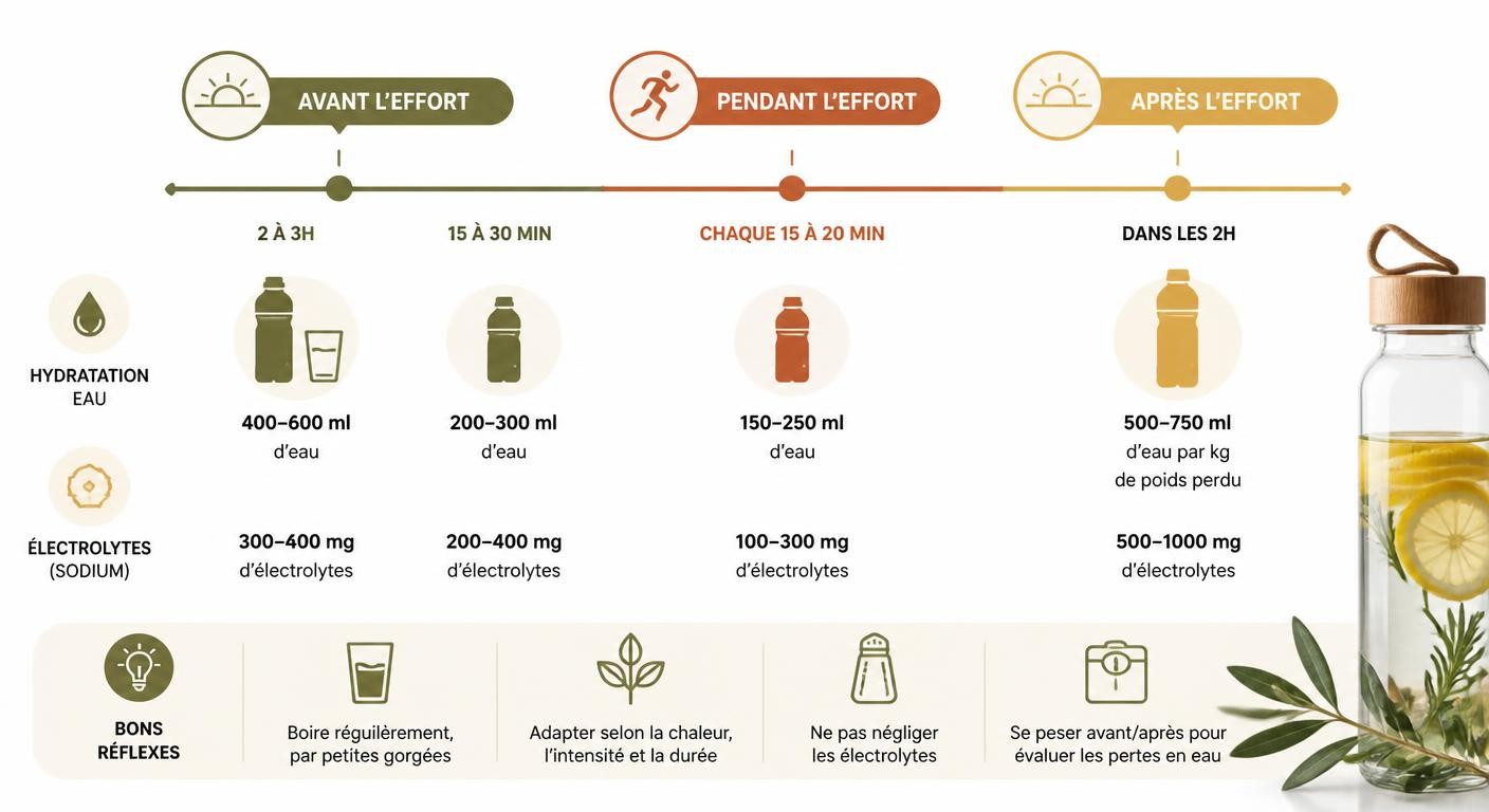 Infographie du protocole d'hydratation avant, pendant et après l'effort