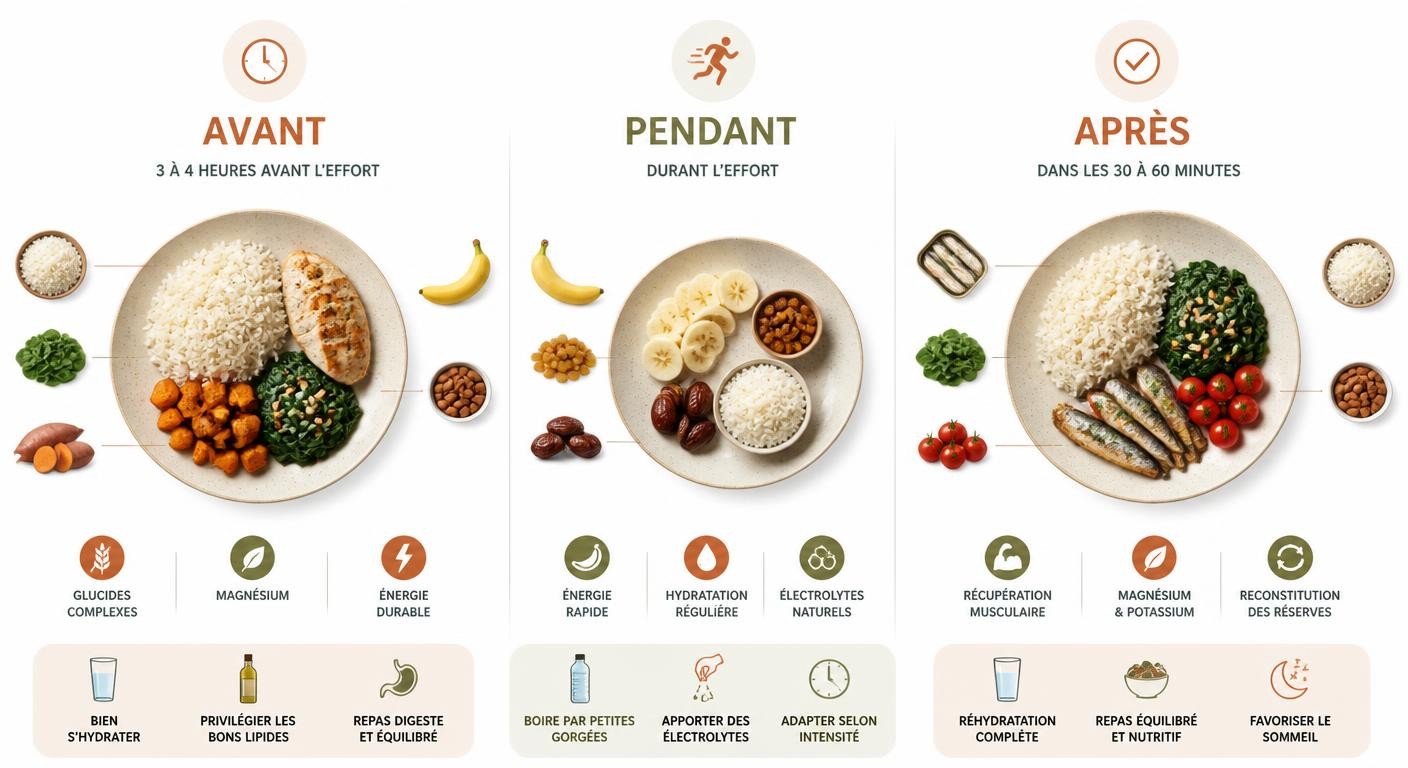 Infographie de l'assiette anti-crampes avant, pendant et après l'entraînement