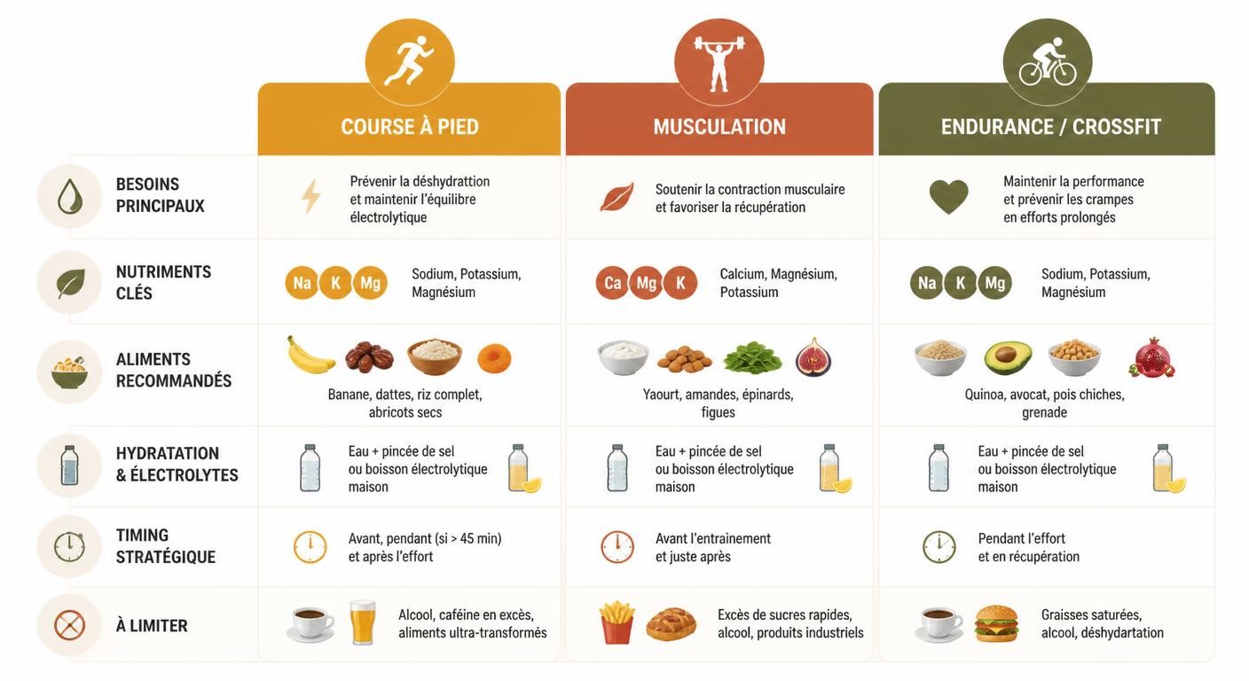 Infographie des stratégies nutritionnelles anti-crampes selon la discipline