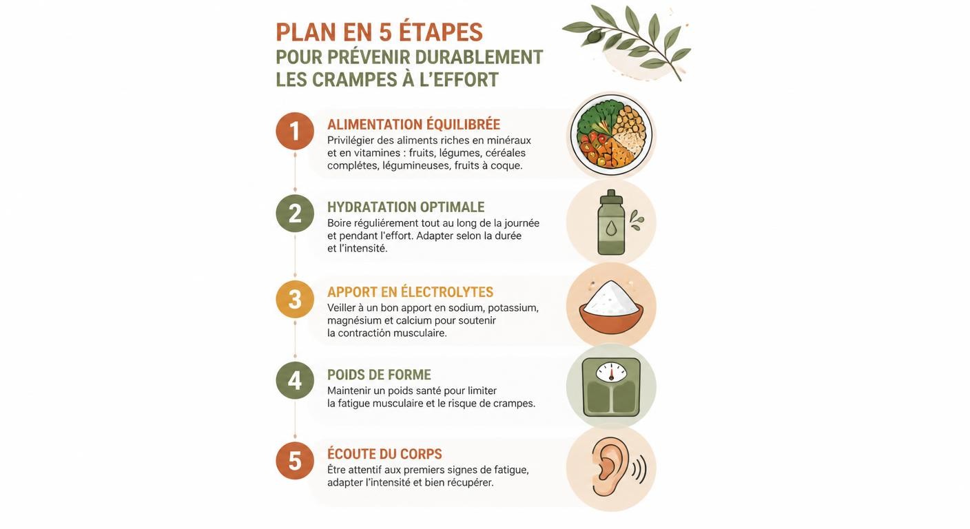 Infographie du plan personnalisé en cinq étapes pour prévenir durablement les crampes