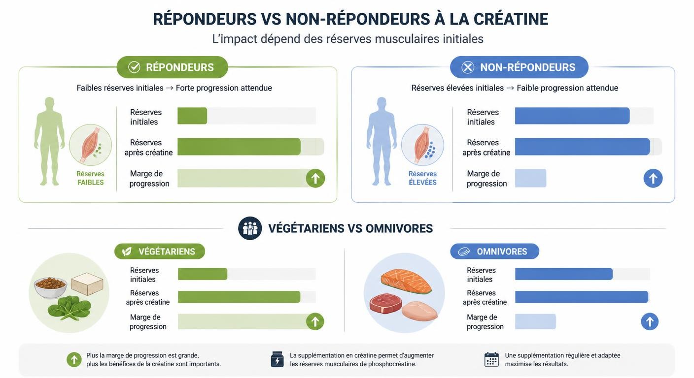 Infographie des répondeurs et non-répondeurs à la créatine selon le profil alimentaire