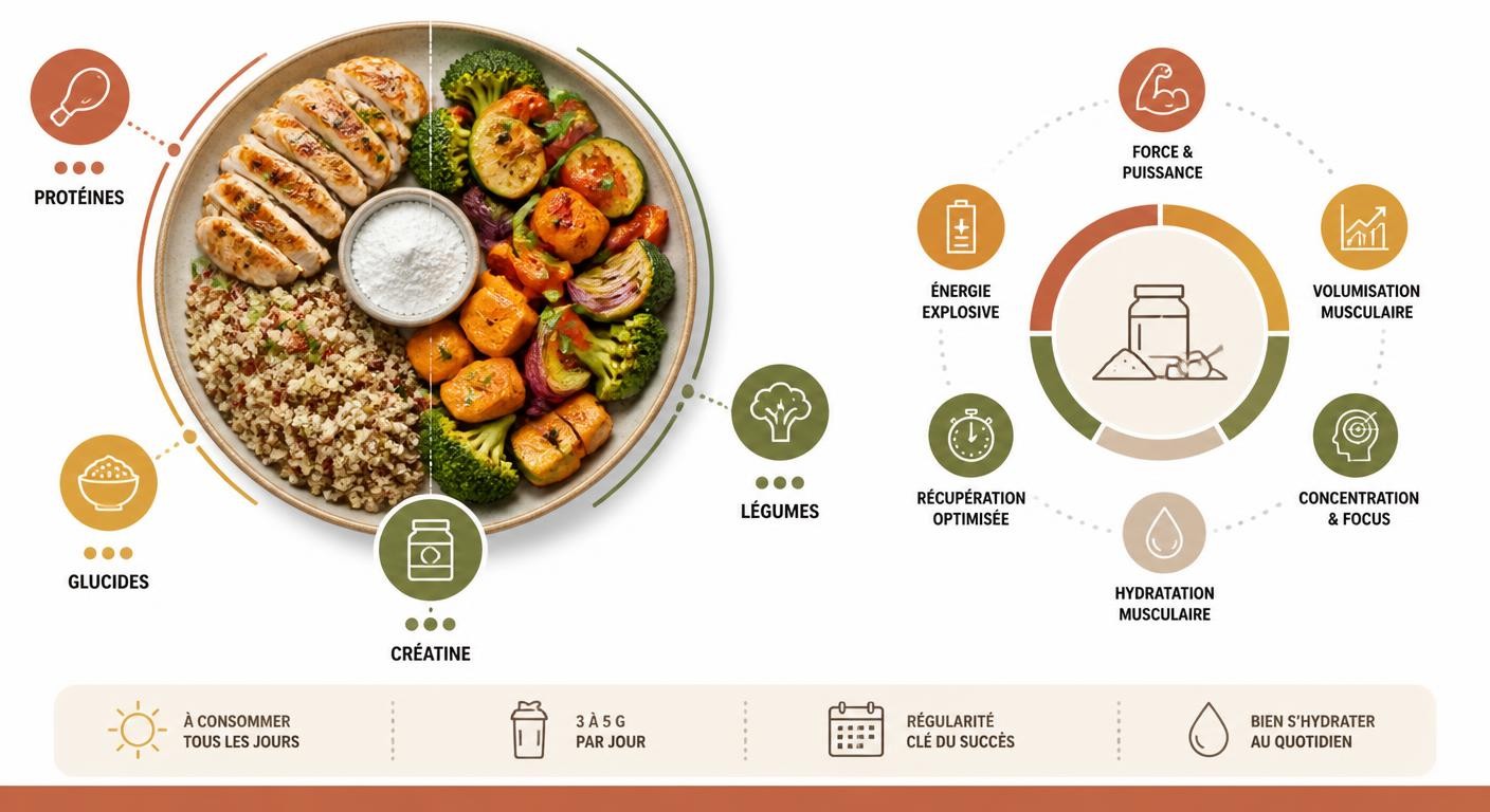 Infographie de l'intégration de la créatine dans l'alimentation du sportif