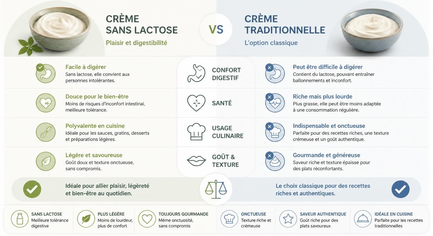 Infographie comparant les avantages santé et culinaires des crèmes sans lactose