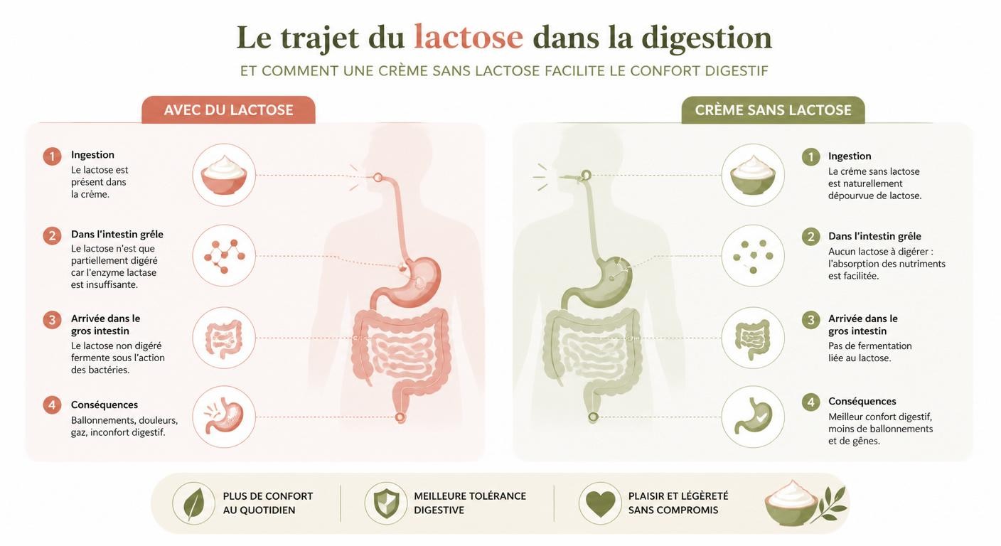 Infographie expliquant le confort digestif avec une crème sans lactose
