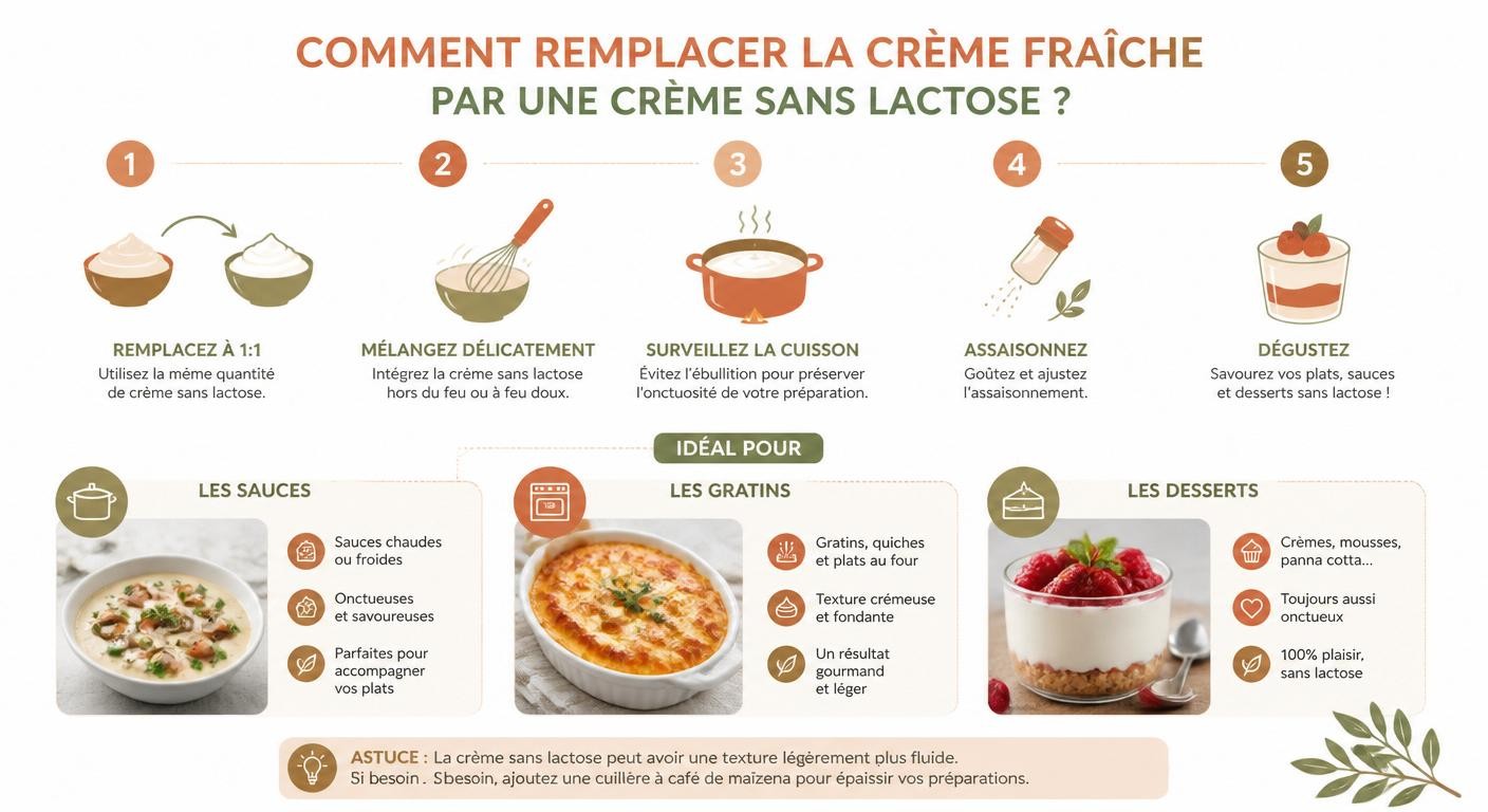 Infographie sur la substitution de la crème fraîche par une crème sans lactose
