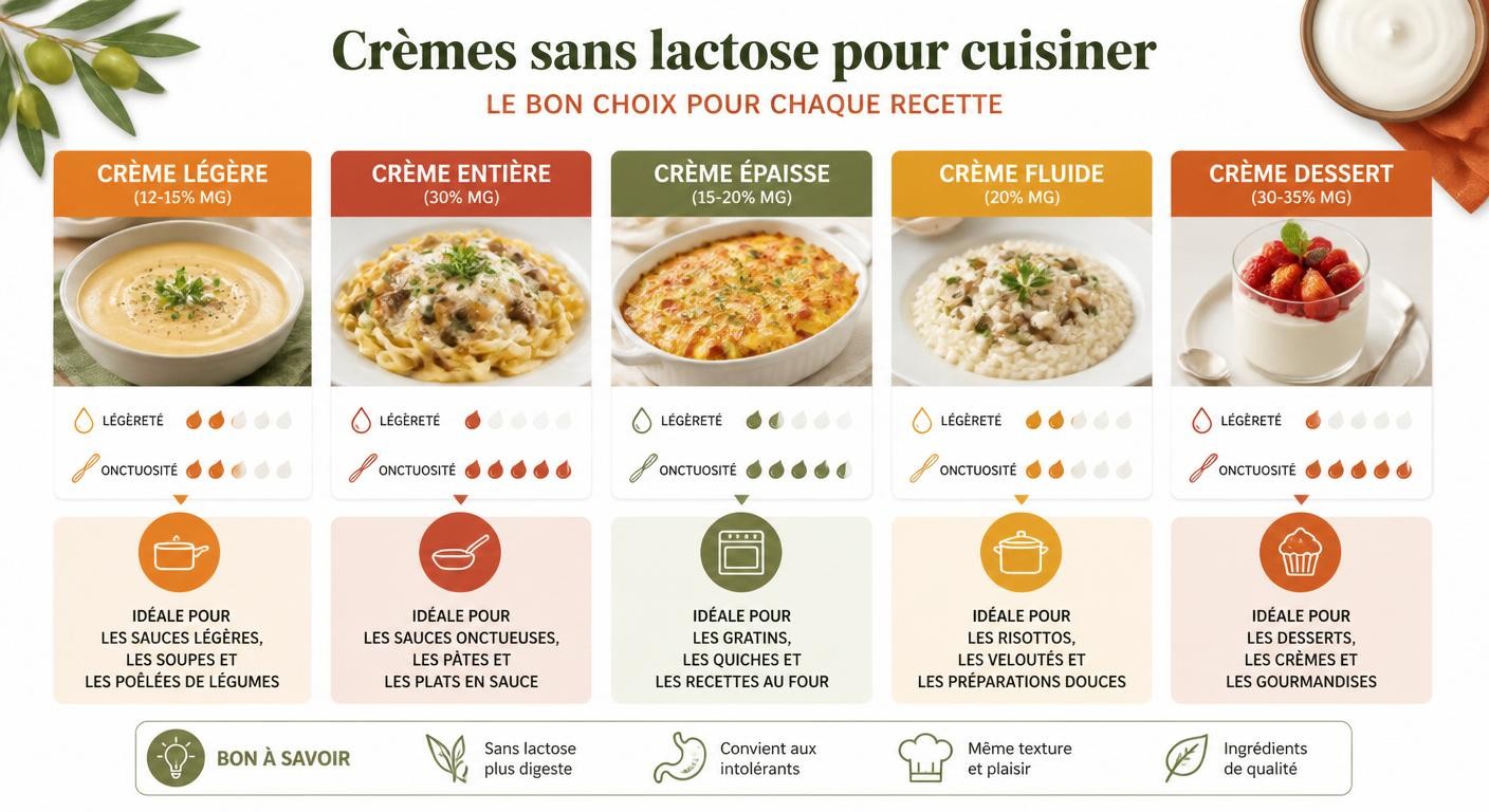 Infographie sur le choix des crèmes sans lactose selon l'usage