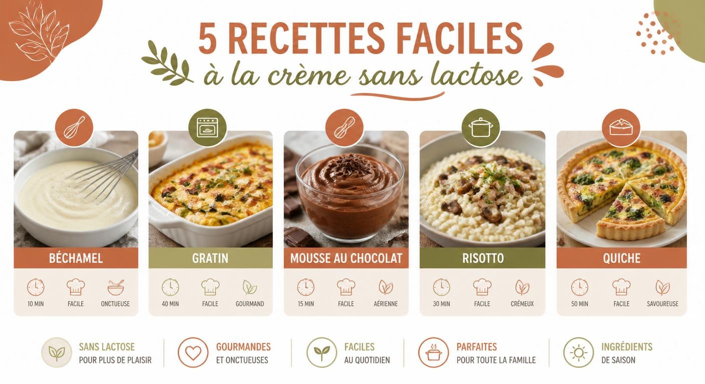 Infographie présentant cinq recettes à la crème sans lactose