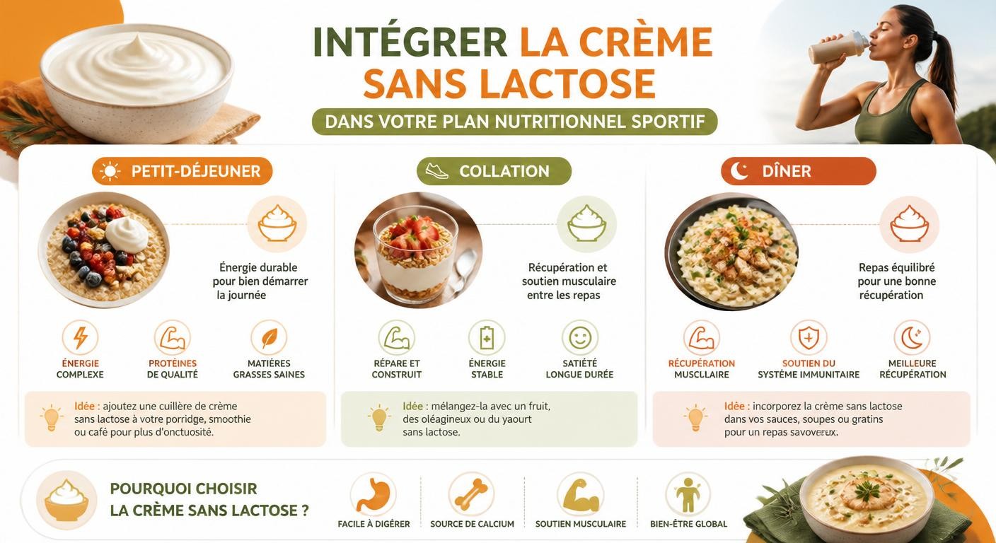 Infographie sur l'intégration de la crème sans lactose dans la nutrition sportive