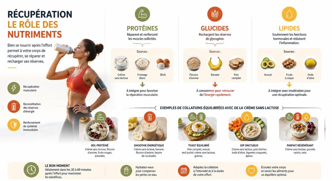 Infographie sur la récupération sportive avec crème sans lactose