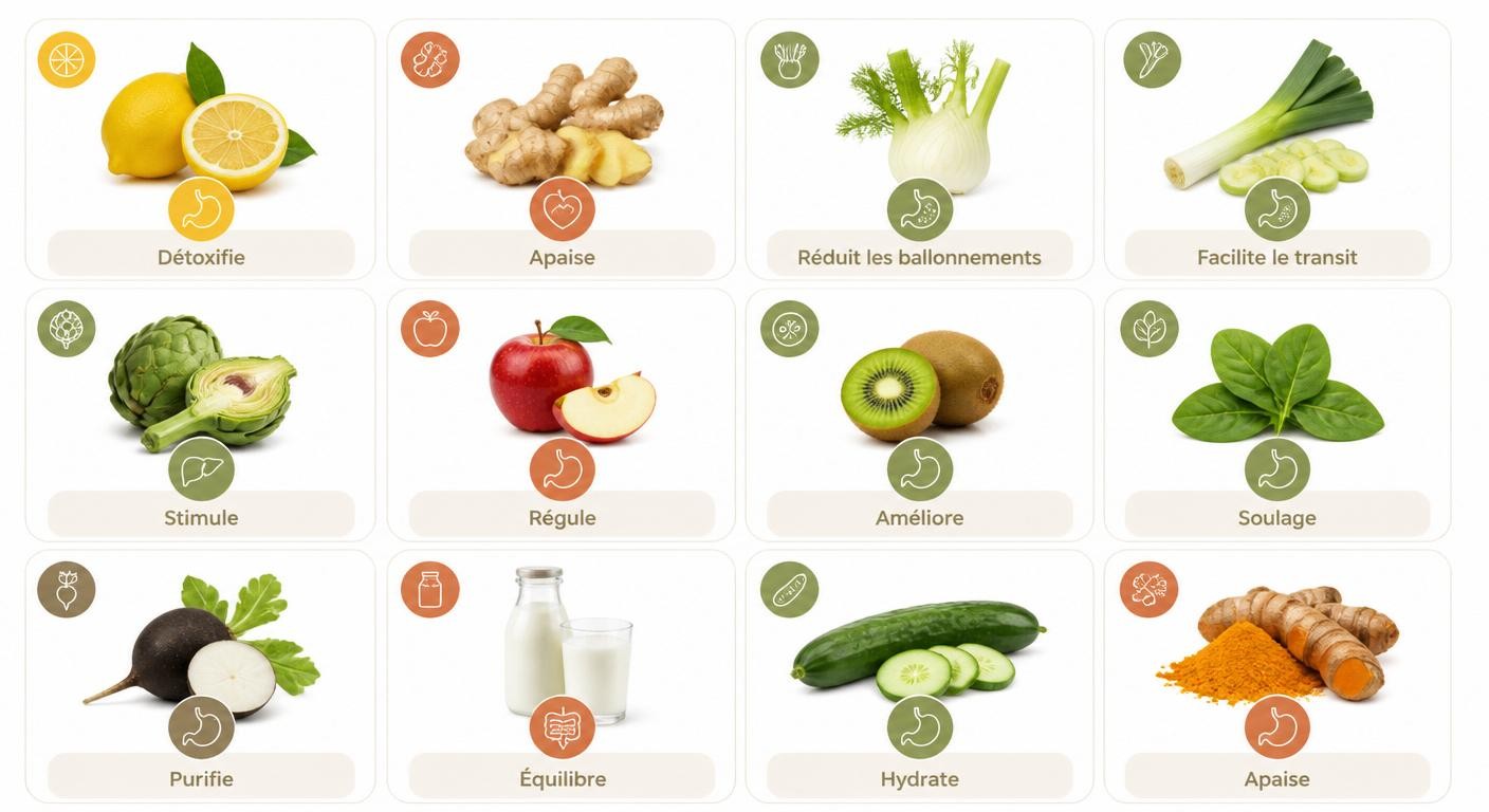 Infographie des 12 aliments qui favorisent la détox digestive