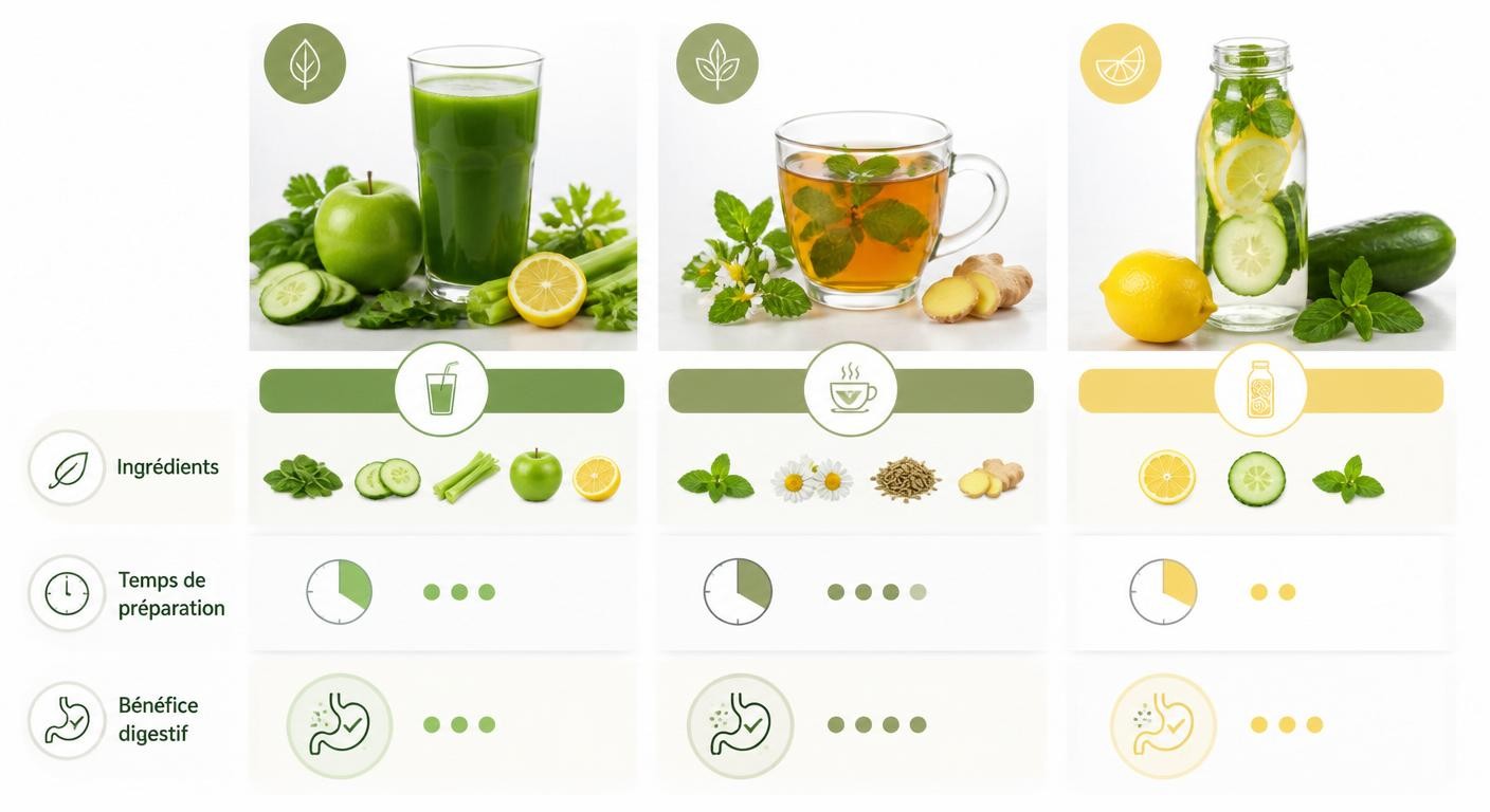 Infographie comparant trois boissons détox digestion maison