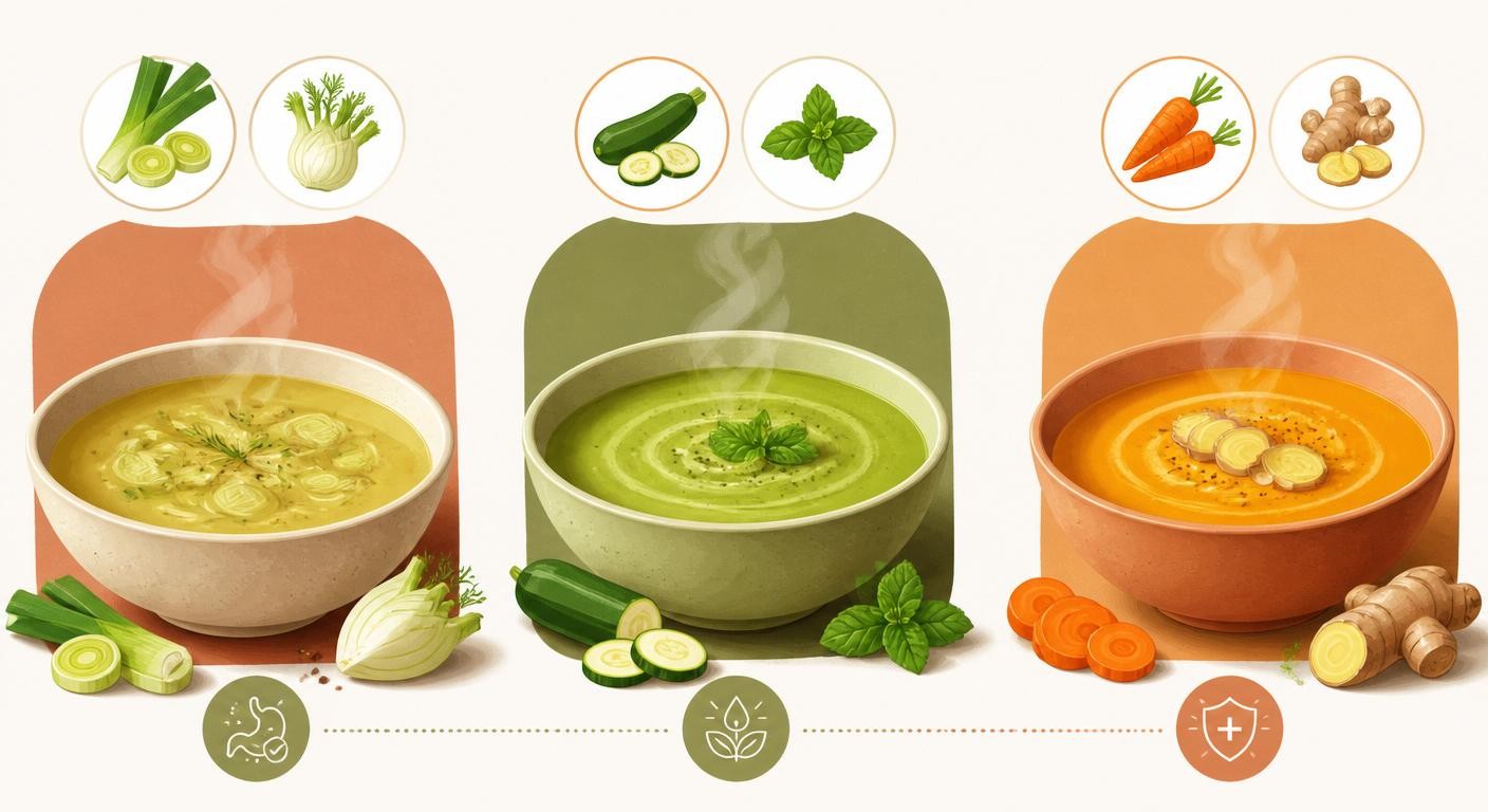 Infographie de trois soupes et bouillons détox pour un ventre plat