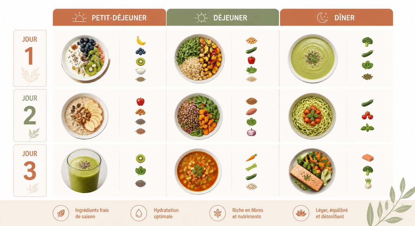 Infographie du menu détox digestion sur 3 jours