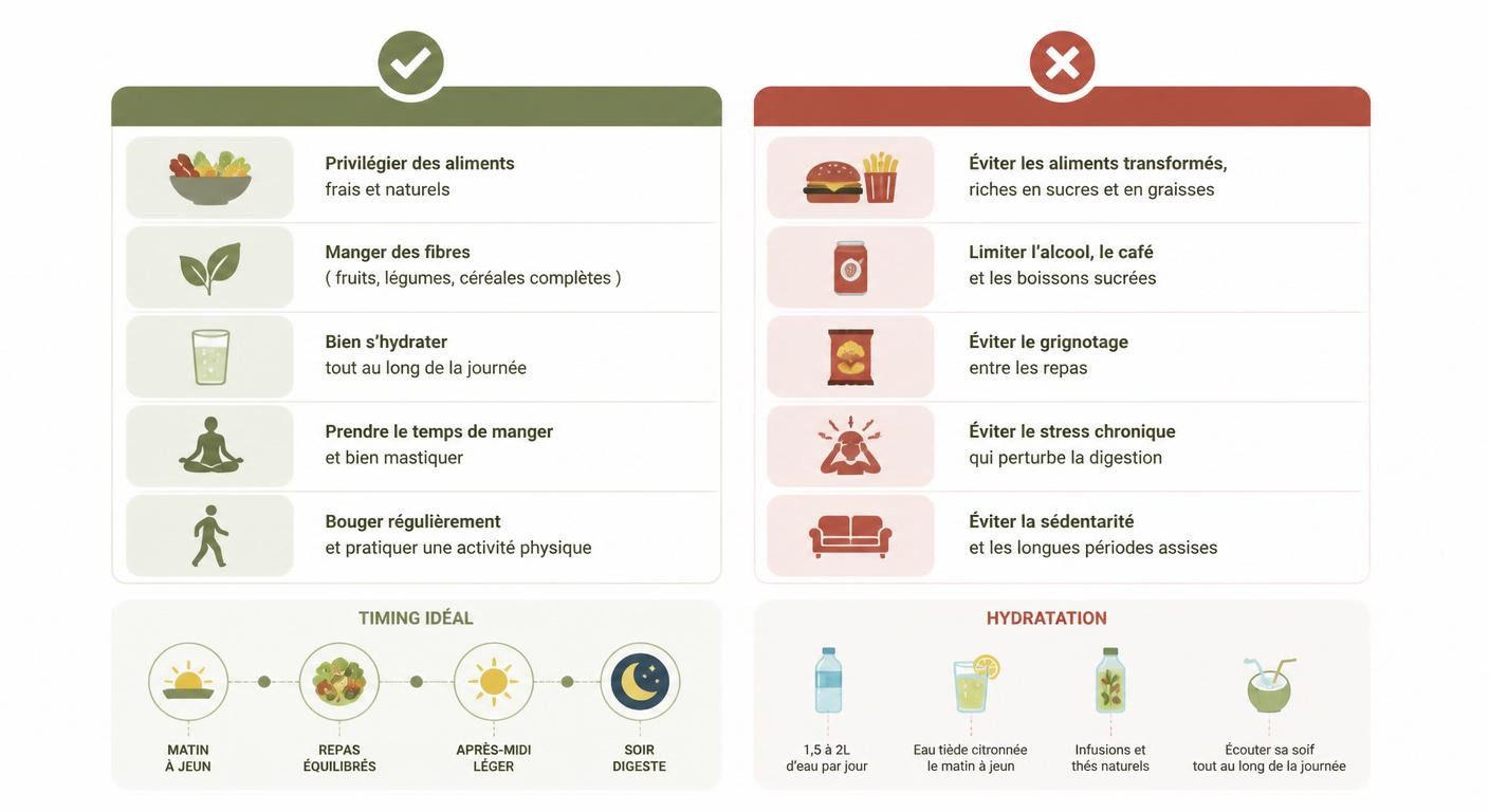 Infographie des bonnes pratiques et erreurs à éviter pour une détox digestion