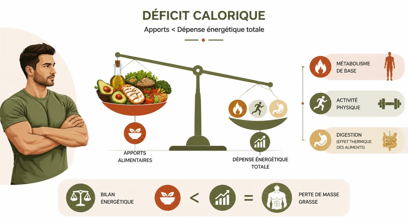 Infographie expliquant la balance énergétique du déficit calorique chez l'homme