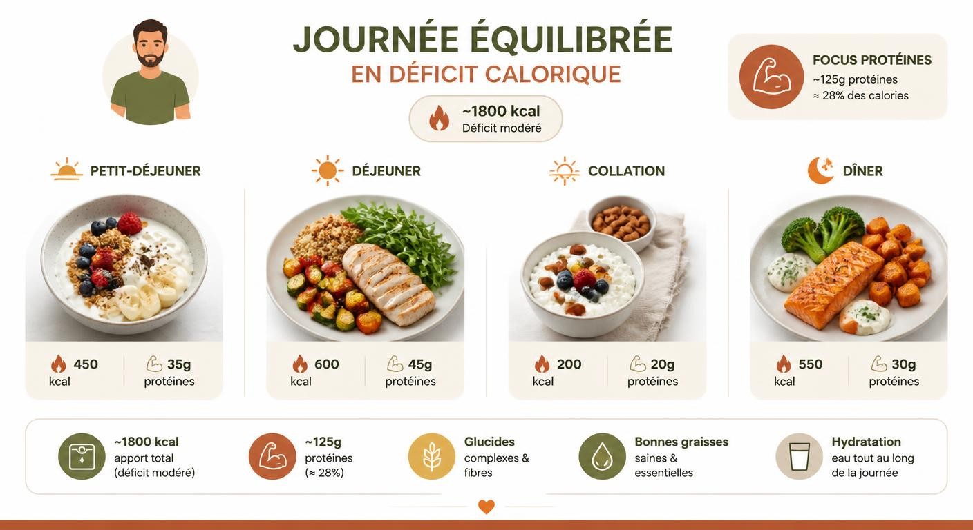 Infographie d'une journée de repas chiffrée en déficit calorique pour un homme