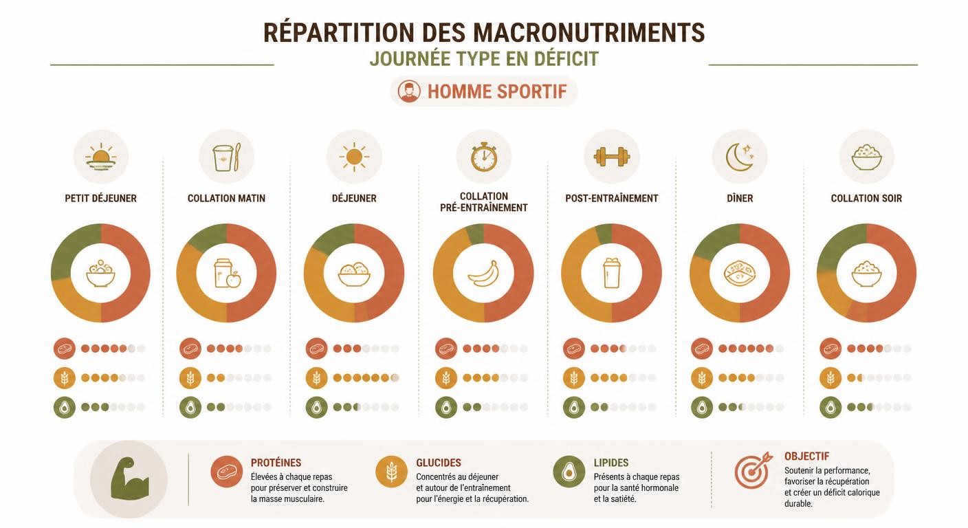 Infographie de la répartition des macros par repas en déficit calorique pour un homme sportif