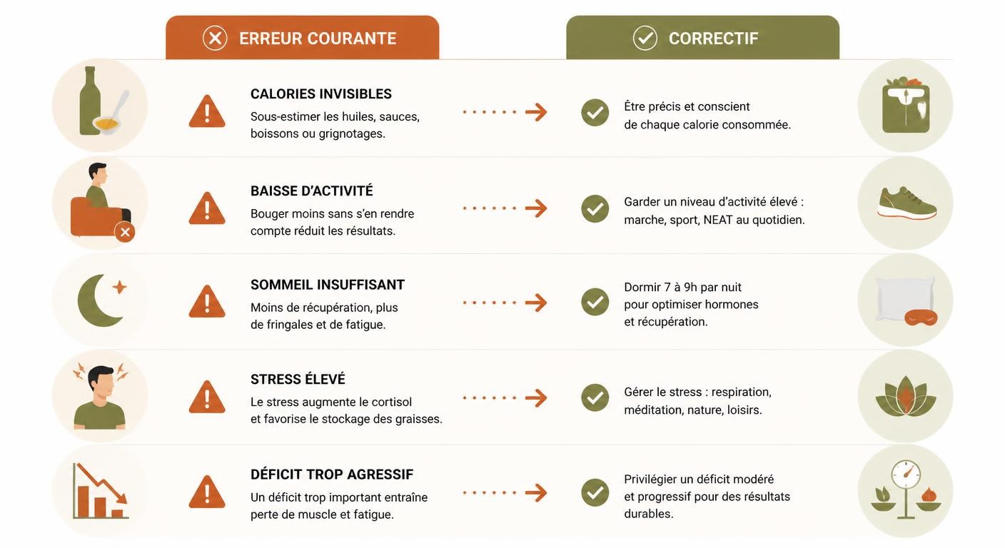 Infographie des erreurs fréquentes et correctifs d'un déficit calorique chez l'homme