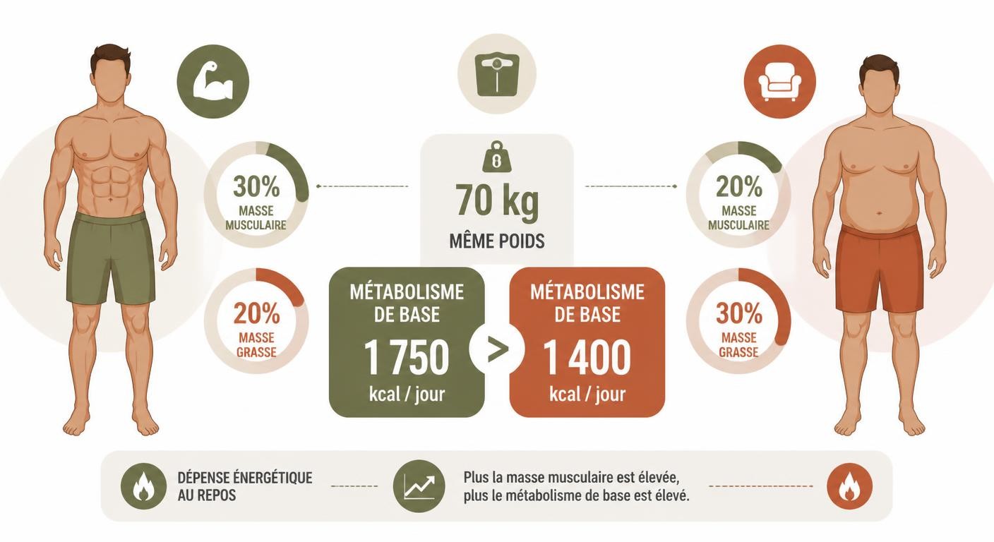 Infographie comparant le métabolisme de base d'un homme musclé versus sédentaire