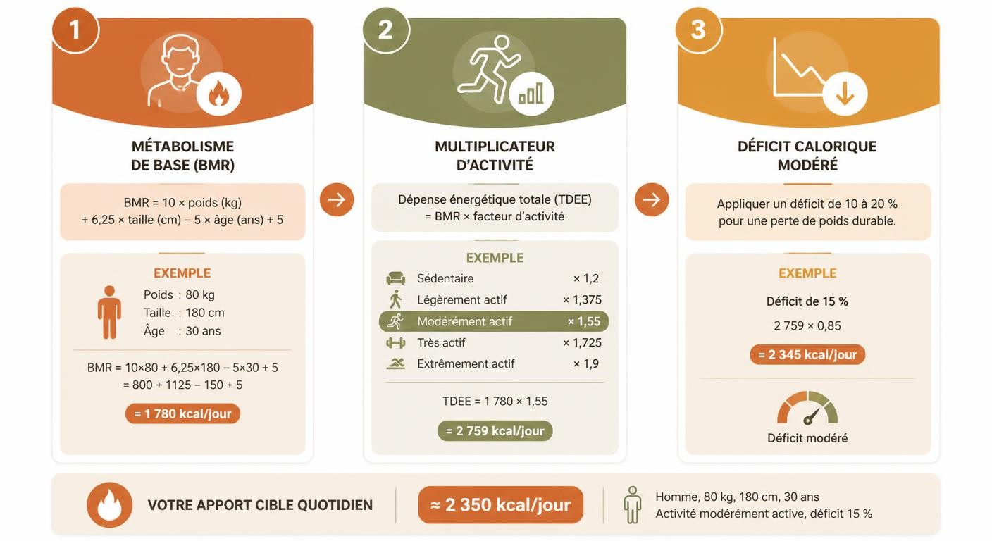 Infographie des trois étapes de calcul du déficit calorique pour un homme