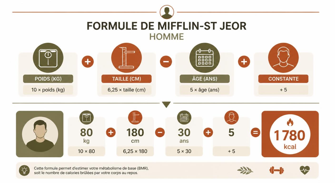 Infographie de la formule Mifflin-St Jeor pour calculer le métabolisme de base d'un homme