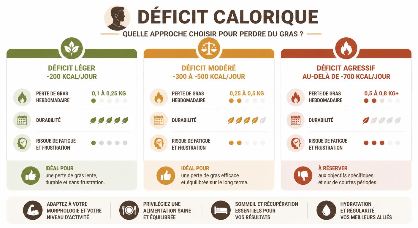 Infographie comparant les niveaux de déficit calorique pour un homme selon l'objectif