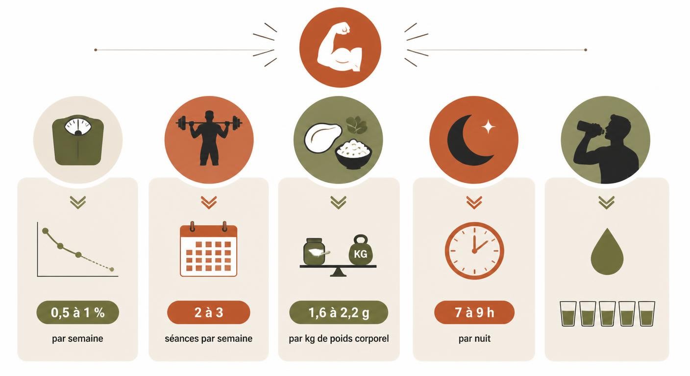 Infographie des repères chiffrés pour préserver la masse musculaire pendant une sèche