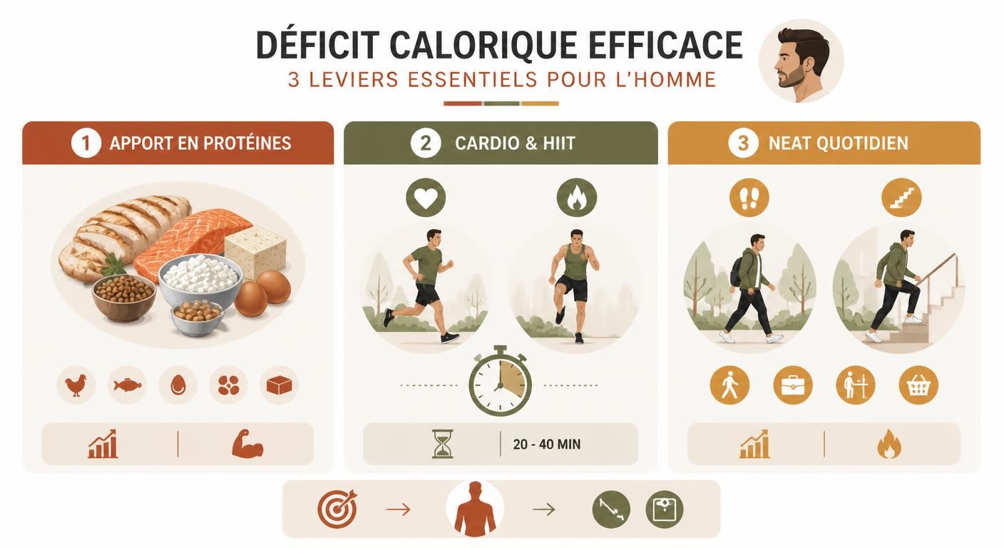 Infographie des leviers protéines, cardio et NEAT pour un déficit calorique chez l'homme