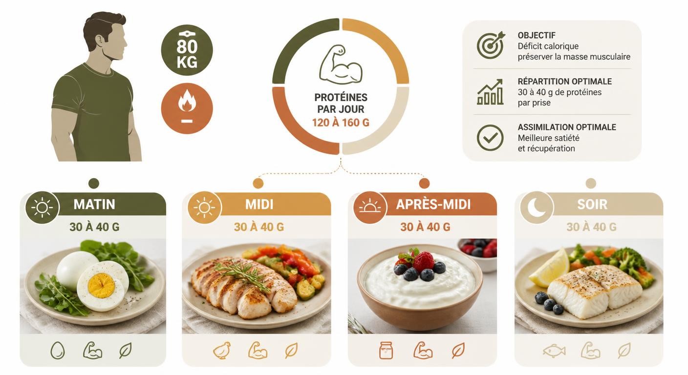 Infographie sur la répartition des protéines sur la journée en déficit calorique